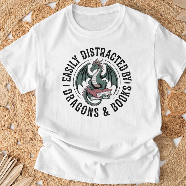 Easily Distracted By Dragons & Books T-Shirt Gifts for Old Men