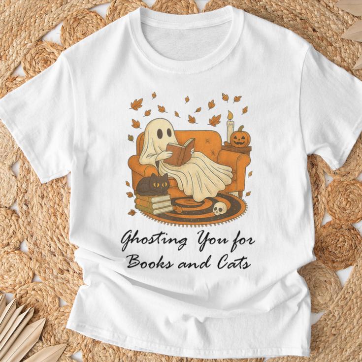 Fall Cat Ghosting You For Book Halloween Ghost Reading T-Shirt Gifts for Old Men