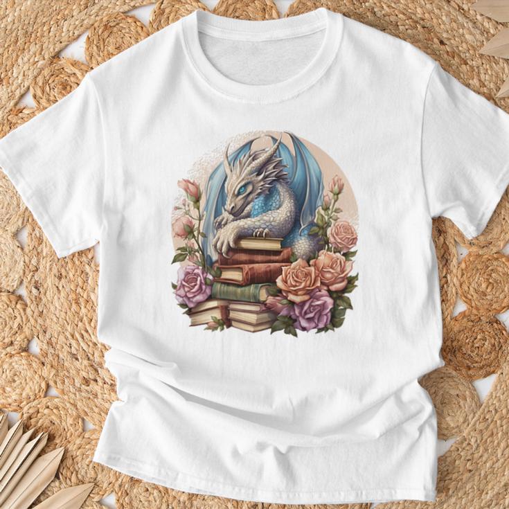 Fantasy Dragon Books Floral Boho Bookworm T-Shirt Gifts for Old Men