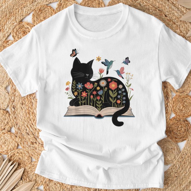 Floral Cat Reading Book Kitten Illustration T-Shirt Gifts for Old Men Floral Cat Reading Book Kitten Illustration T-Shirt Gifts for Old Men