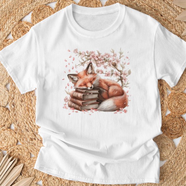 Fox And Book Lover Graphic For Women And Spring Pink Flower T-Shirt Gifts for Old Men