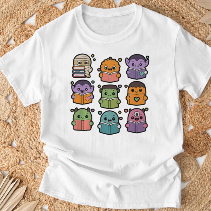 Halloween Monsters Reading Books Pattern Spooky Kawaii Anime Premium Tri-Blend T-Shirt Gifts for Old Men