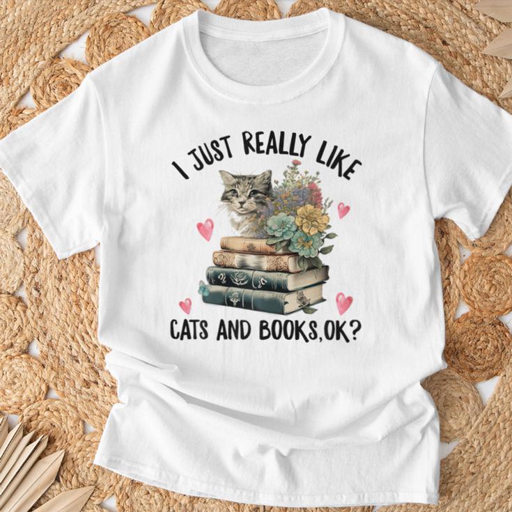 I Just Really Like Cats And Books Cat Watercolor T-Shirt Gifts for Old Men