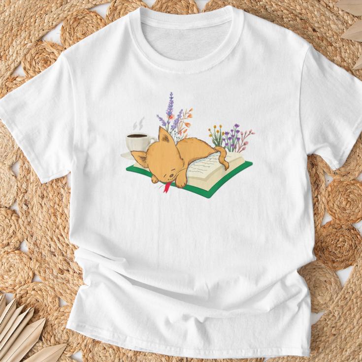 Kawaii Cat Women's Cat Books Flowers T-Shirt Gifts for Old Men