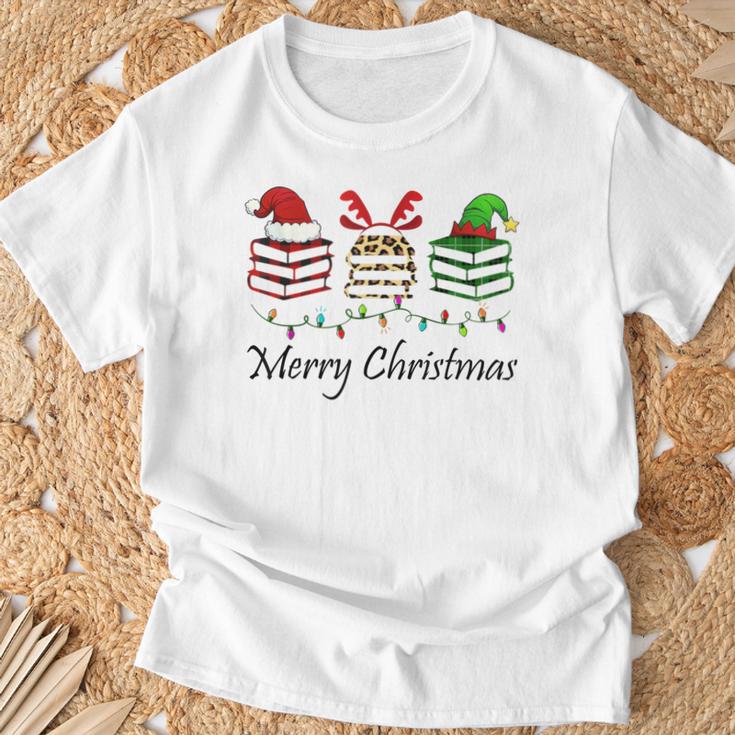 Librarian Merry Christmas Books Santa Hat Reindeer Elf Xmas T-Shirt Gifts for Old Men