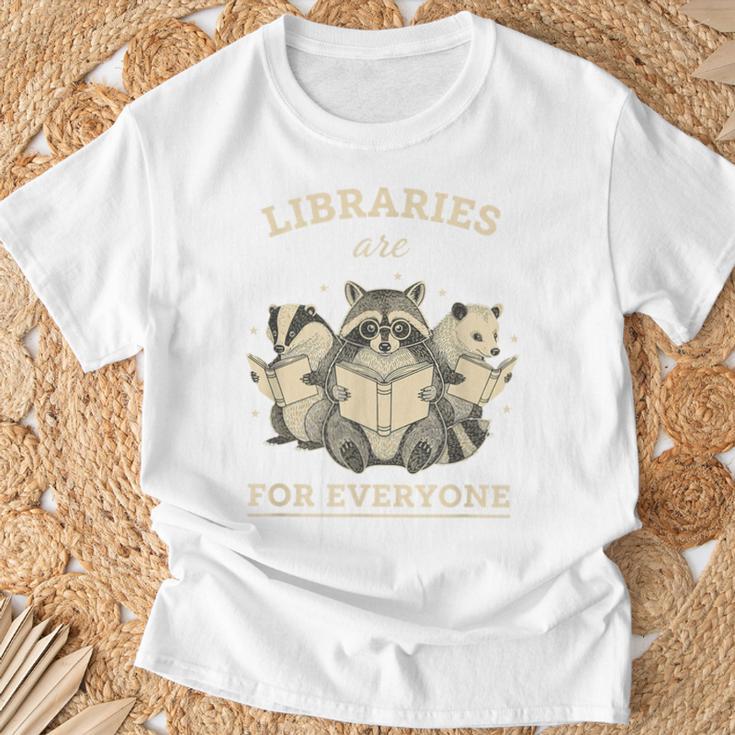 Libraries Are For Everyone Cute Raccoon Badger Opossum Book T-Shirt Gifts for Old Men