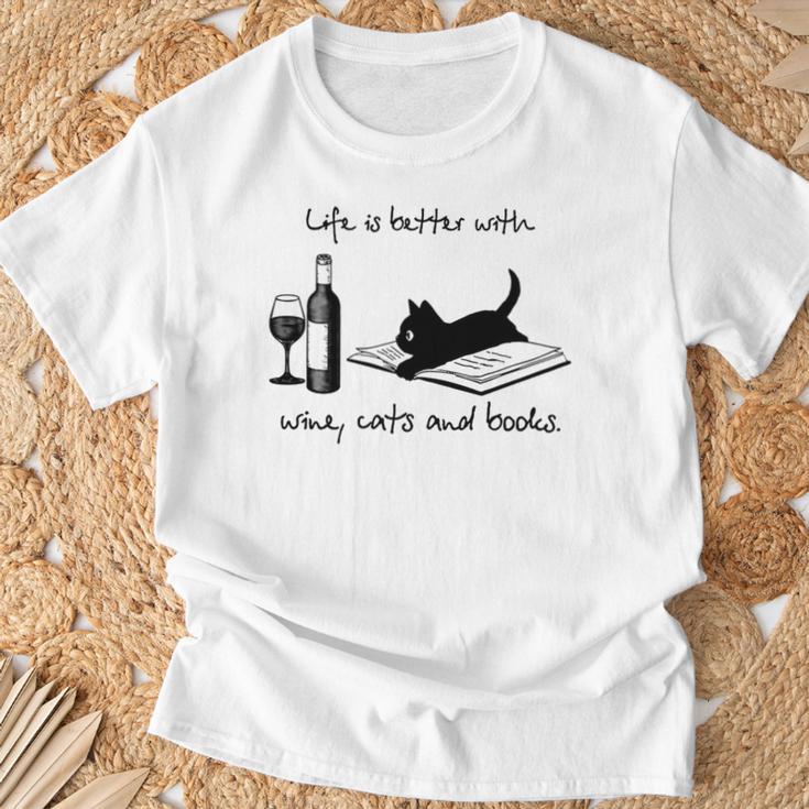 Life Is Better With Wine Cats And Books T-Shirt Gifts for Old Men