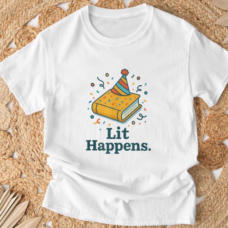 Lit Happens Book Party Hat Confetti Literary Pun T-Shirt Gifts for Old Men Lit Happens Book Party Hat Confetti Literary Pun T-Shirt Gifts for Old Men
