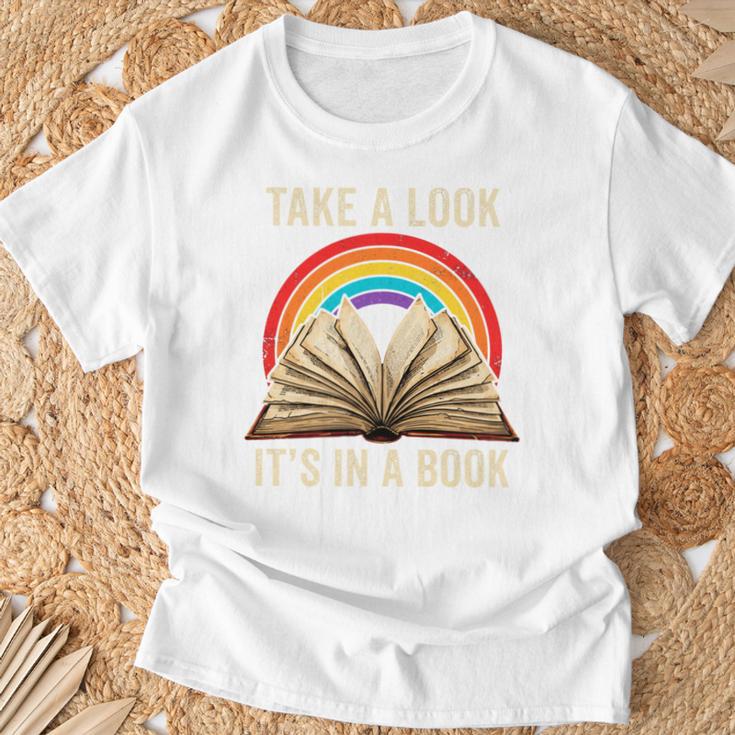 Take A Look It In A Book Retro Rainbow Reading Teacher T-Shirt Gifts for Old Men