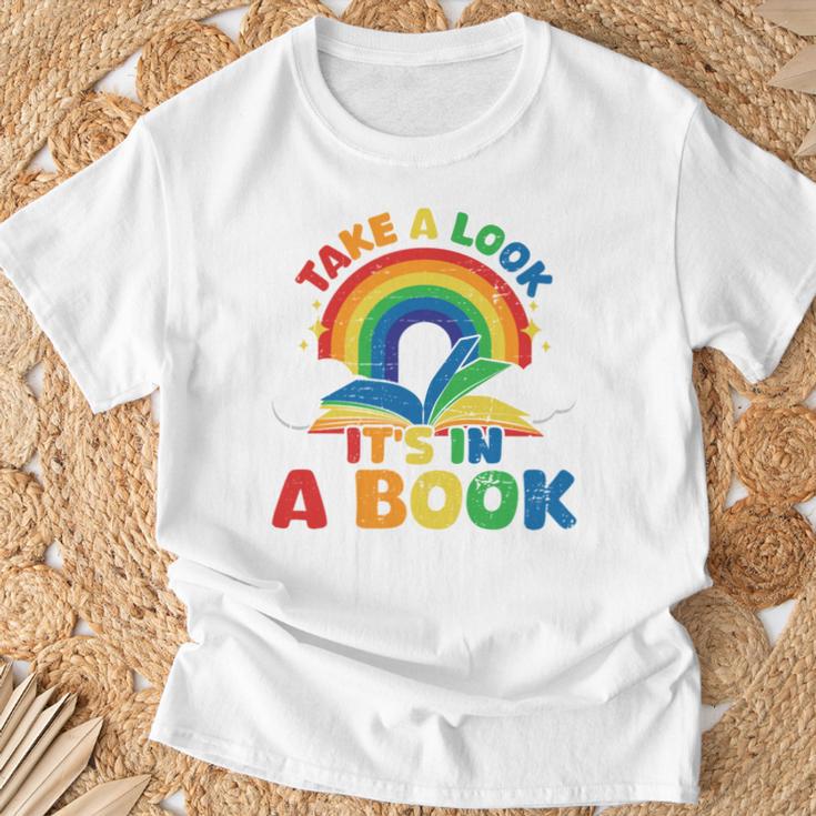 Take a Look It's In a Book Rainbow Reading T-Shirt Gifts for Old Men
