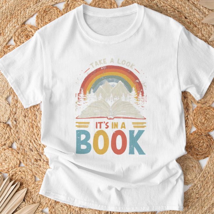 Take A Look It's In A Book Retro Reading Advocate Distressed T-Shirt Gifts for Old Men