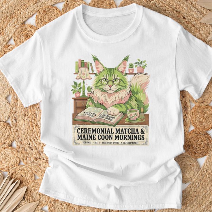 Matcha Drinking Maine Coon Cat Reading Books Aesthetic T-Shirt Gifts for Old Men