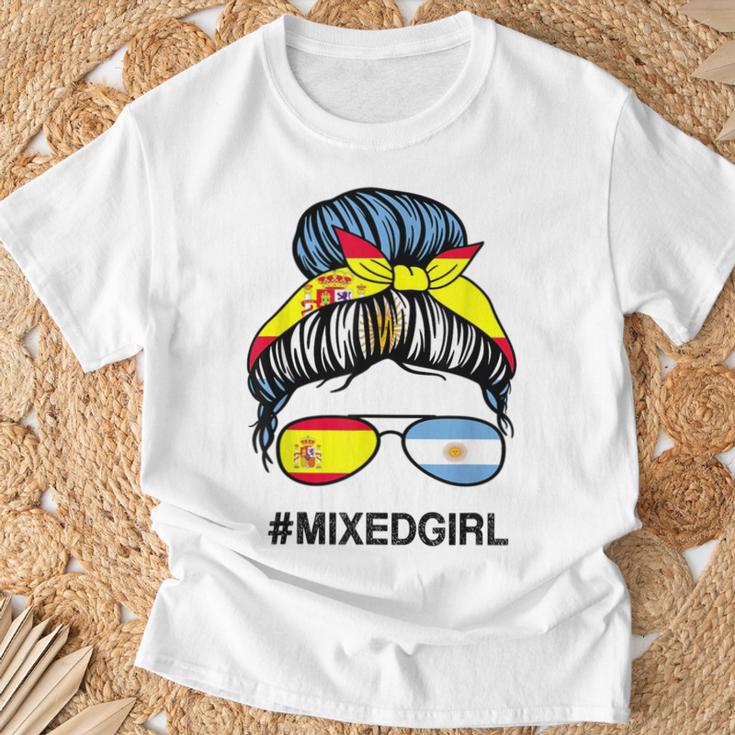 Moño Desordenado Con Bandera De España Argentina Camiseta unisex Regalos para ancianos