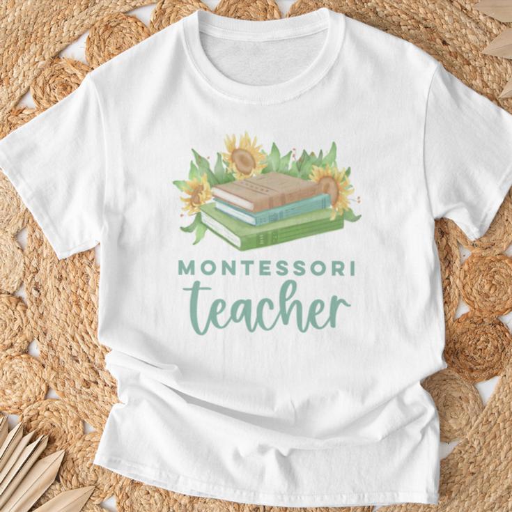 Montessori Teacher Books Sunflowers School Education Learn T-Shirt Gifts for Old Men