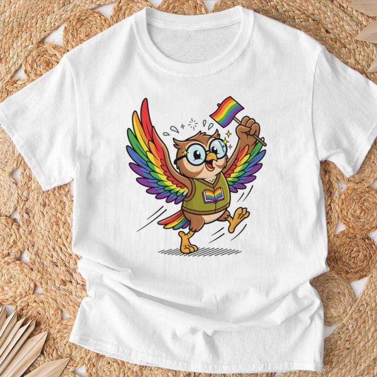 Owl With Pride Flag Book Lover Rainbow Library T-Shirt Gifts for Old Men