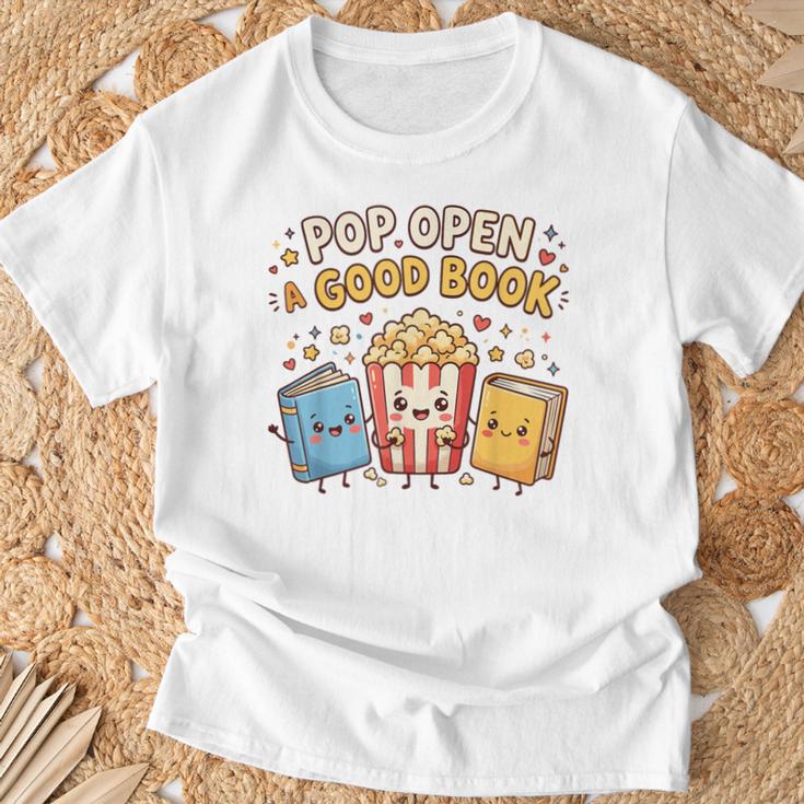 Pop Open A Good Book For School Librarian Popcorn T-Shirt Gifts for Old Men