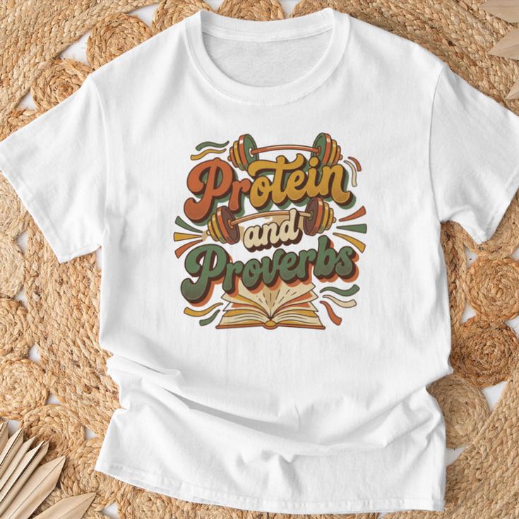 Protein And Proverbs Protein Workout Book Lover Retro T-Shirt Gifts for Old Men