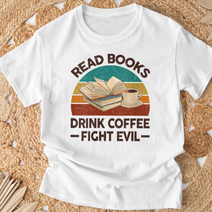 Read Book Drink Coffee Fight Evil Reading Teacher T-Shirt Gifts for Old Men