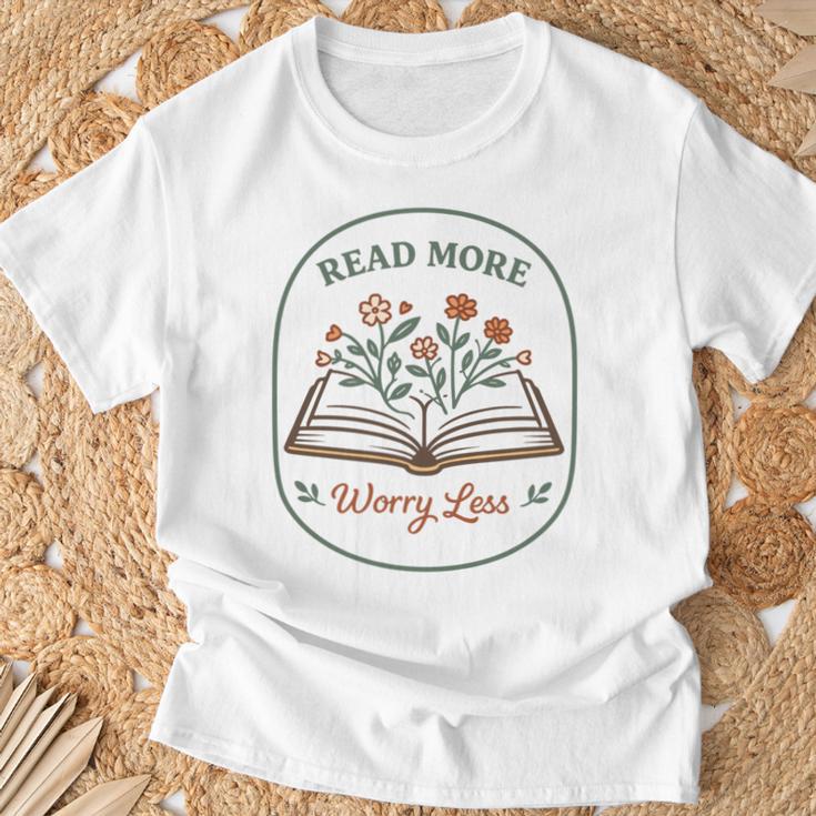 Read More Worry Less Wildflower Book Lover Reading T-Shirt Gifts for Old Men