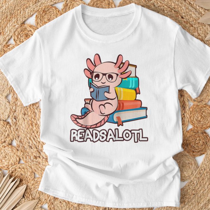 Readalotl a Kawaii Axolotl Reading a Book As Readsalotl Raglan Baseball Tee T-Shirt Gifts for Old Men