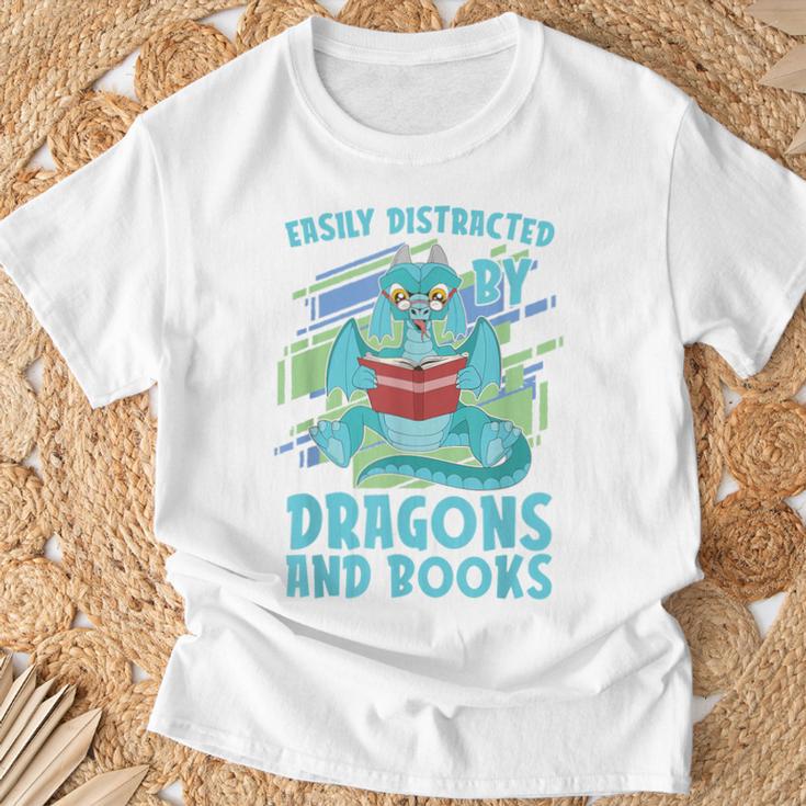 Reading Books Easily Distracted By Dragons And Books T-Shirt Gifts for Old Men