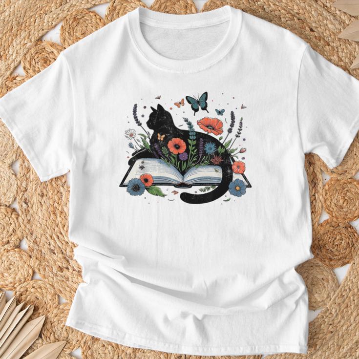 Retro Cute Cat Floral Book Librarian Vintage Floral Cat Book T-Shirt Gifts for Old Men
