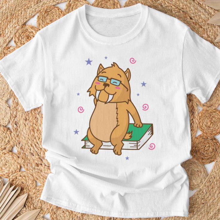 Sabre-Toothed Tiger Loves Books Wildcat T-Shirt Gifts for Old Men