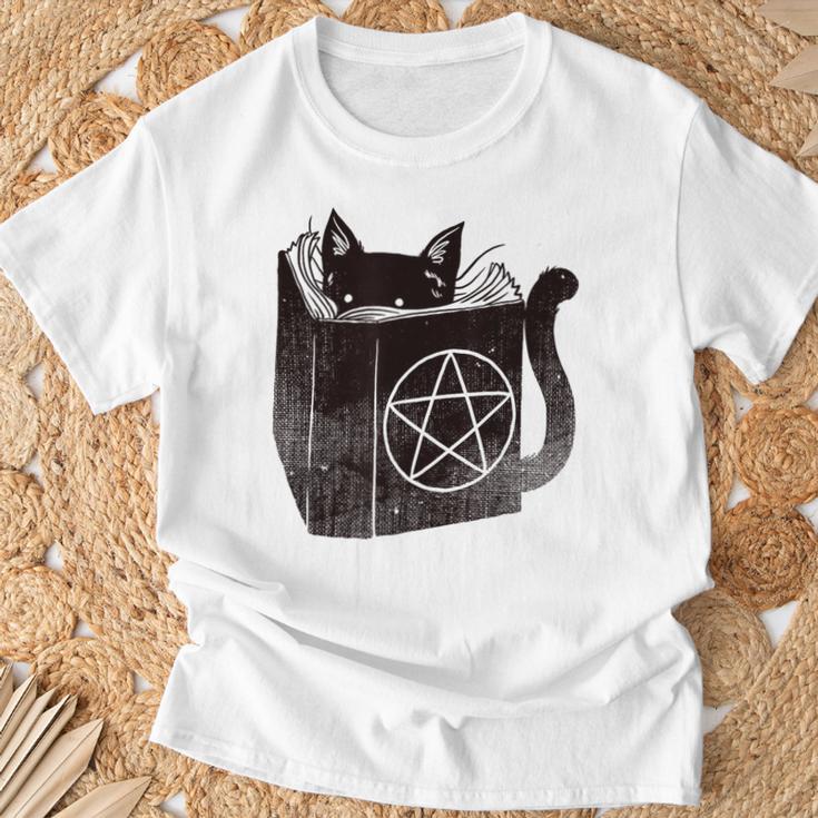 SataniCat Pentagram Cat Satan Demon Necronomicon Book Lover T-Shirt Gifts for Old Men