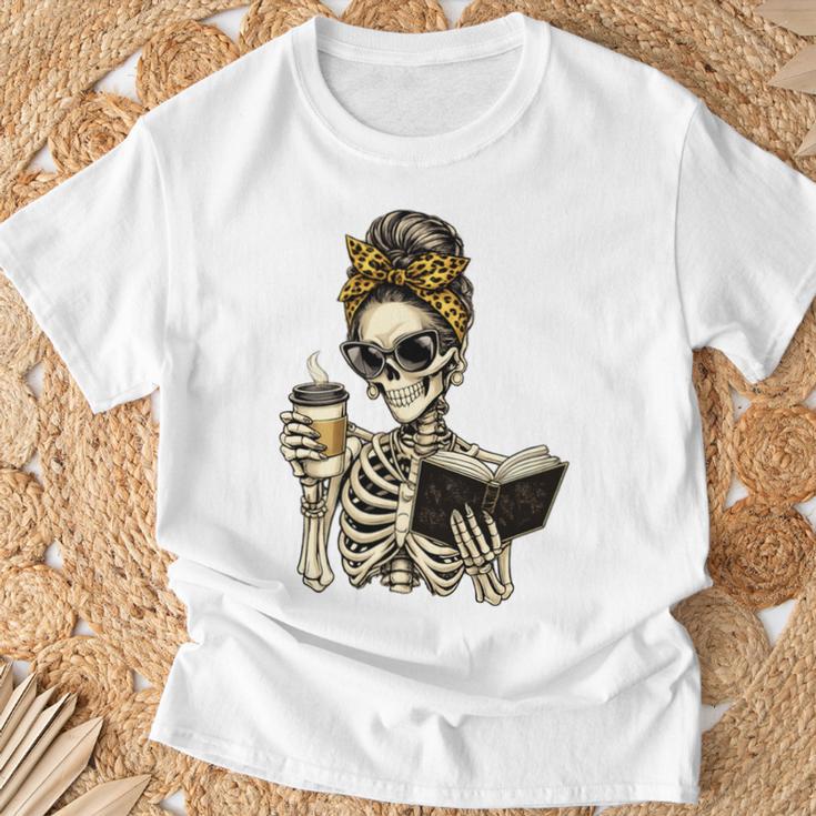 Skeleton Girl Drinking Coffee And Reading Book T-Shirt Gifts for Old Men