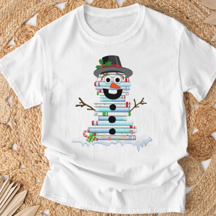 Snowman Book Stack Librarian Book Lover Christmas T-Shirt Gifts for Old Men