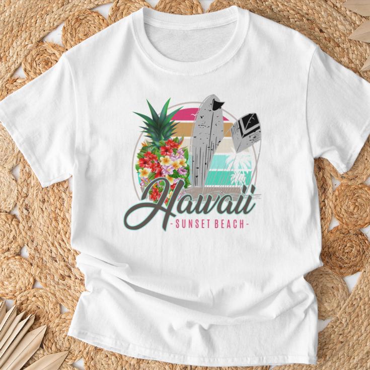 Sunset Beach Hawaii、サーフィンサーフボードレトロ、バックプリント 長袖tシャツ Tシャツ 高齢者への贈り物