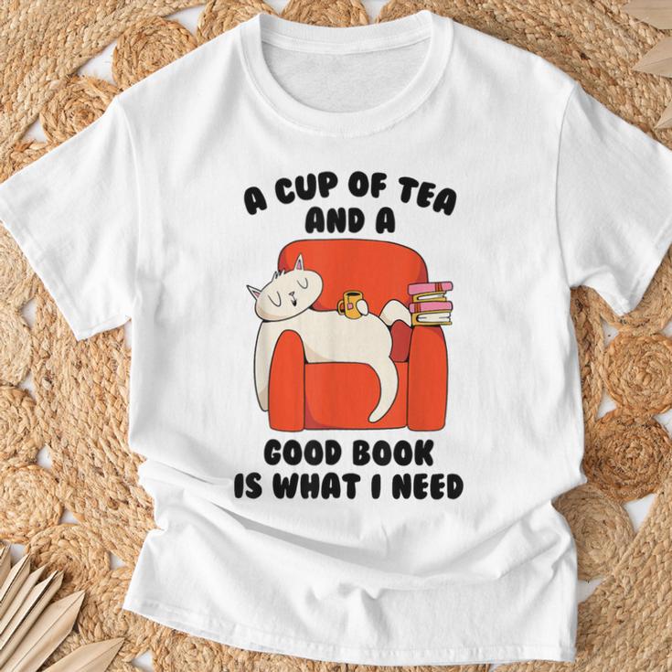Tea A Cup Of Tea And A Good Book Is What I Need Cat Men Women Kids T-Shirt Gifts for Old Men