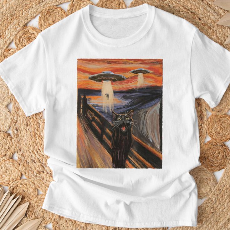 Ufo エイリアン 楽しい 絶叫 猫 アート パロディ Tシャツ 高齢者への贈り物