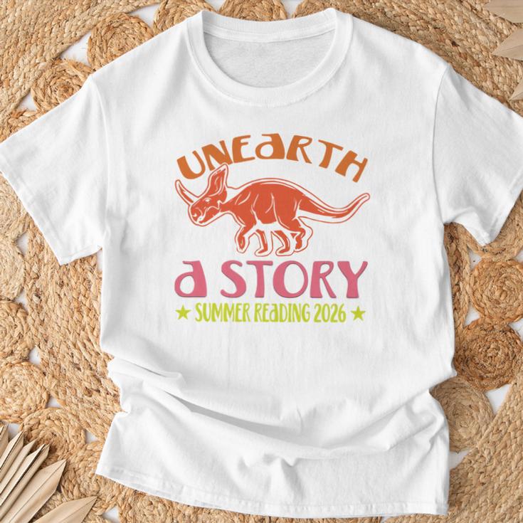 Unearth a Story Summer Reading 2026 Triceratops Dino Book T-Shirt Gifts for Old Men