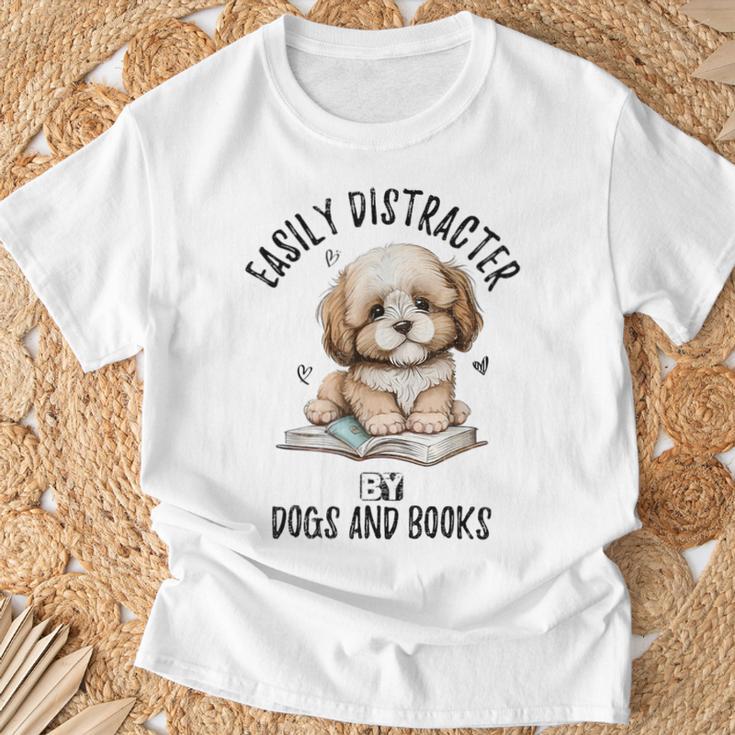 Vintage Easily Distracted By Dogs And Books Puppy Art Lover T-Shirt Gifts for Old Men