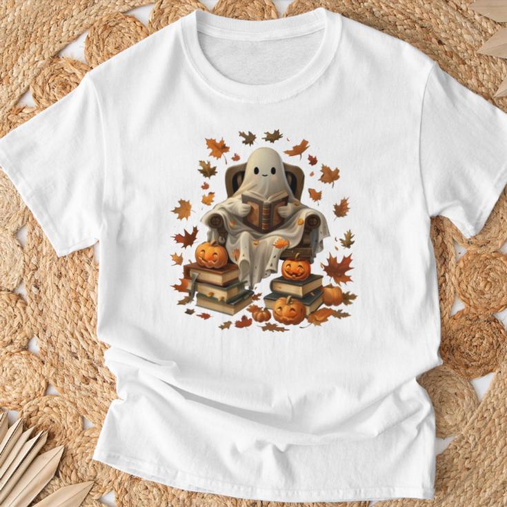 Vintage Ghost Book Reading Pumpkin Gothic Halloween Teachers T-Shirt Gifts for Old Men