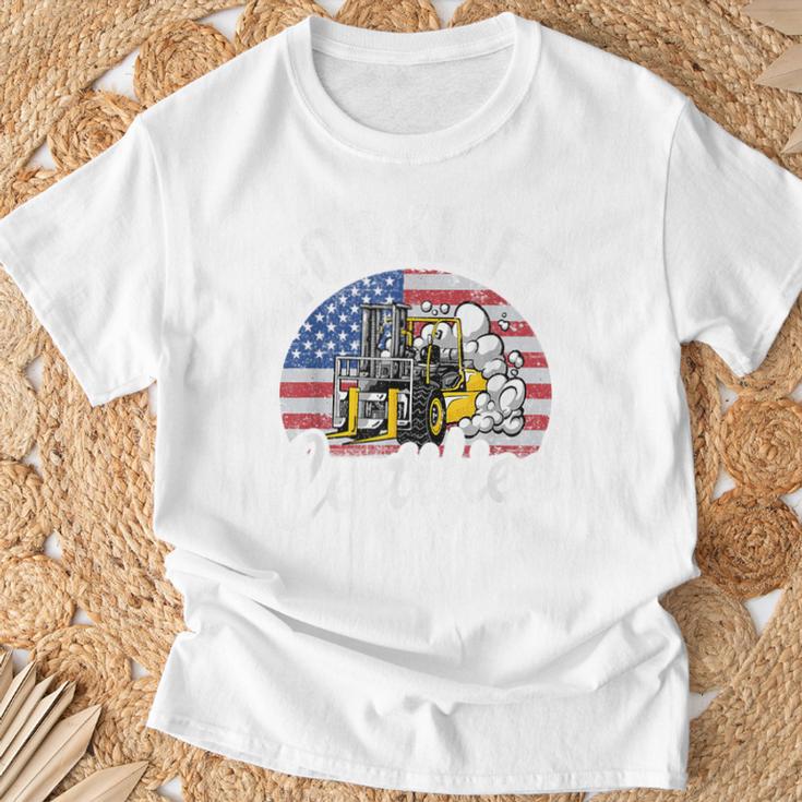 Warehouse アメリカ国旗 フォークリフトオペレーターフォークリフト認定 Tシャツ 高齢者への贈り物