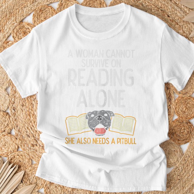 Woman Book Librarian Reading Pitbull Dog Owner Women T-Shirt Gifts for Old Men