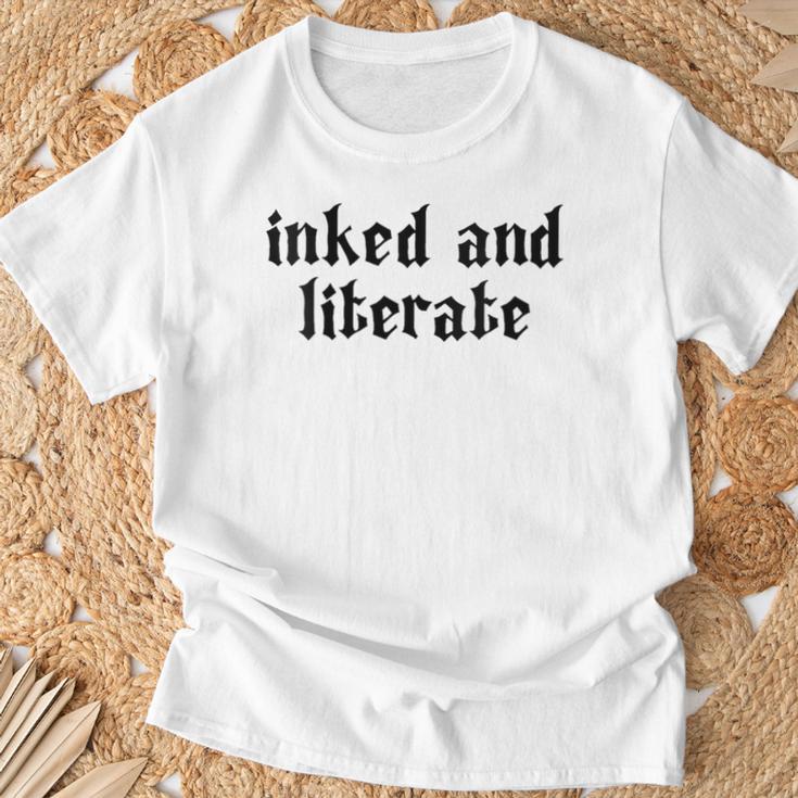 Women's Inked & Literate Tattooed & Educated Bookworm Goth Grunge T-Shirt Gifts for Old Men