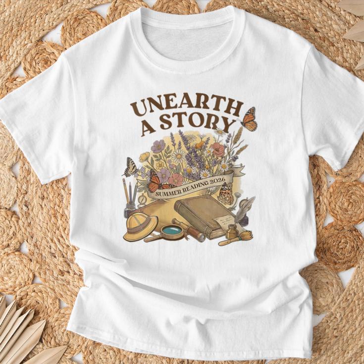 Women's Unearth A Story Summer Reading 2026 Flower Butterfly Book T-Shirt Gifts for Old Men Women's Unearth A Story Summer Reading 2026 Flower Butterfly Book T-Shirt Gifts for Old Men