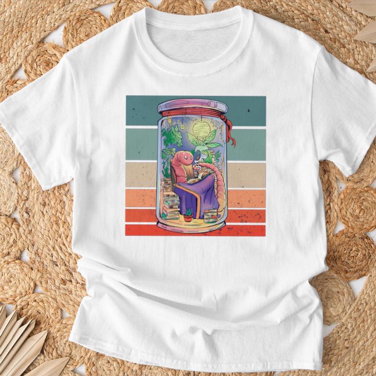 Worm Cozy Reading Books Plants Lamp Relaxation Nature Animal T-Shirt Gifts for Old Men