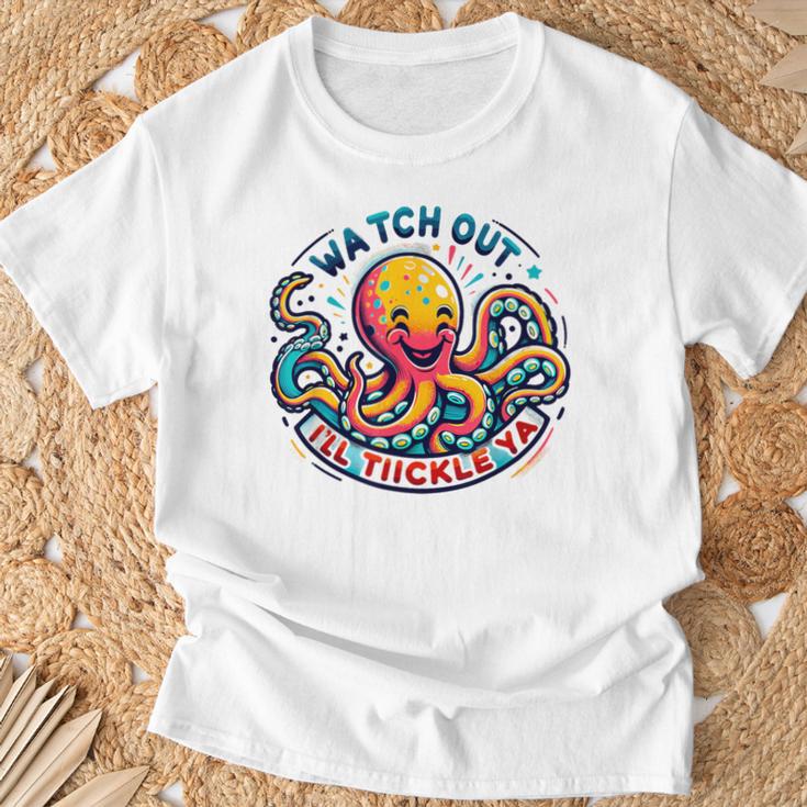 かわいいオクトパス 気をつけてくすぐる おもしろい Tシャツ 高齢者への贈り物