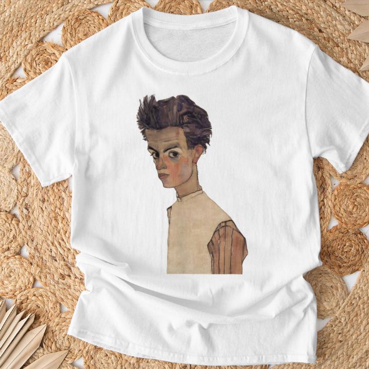 エゴン・シーレ作1910ストライプシャツの自画像 Tシャツ 高齢者への贈り物