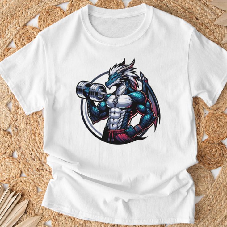 キュートでかわいいグラフィックのドラゴンが筋肉質のシックスパックを表示 長袖tシャツ Tシャツ 高齢者への贈り物