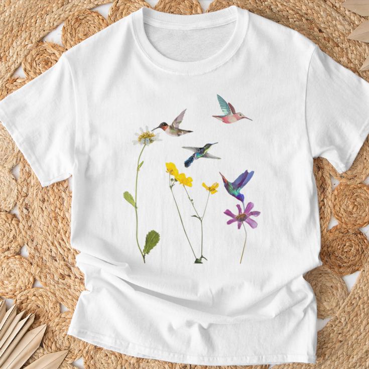 ハチドリと花のtシャツ Tシャツ 高齢者への贈り物