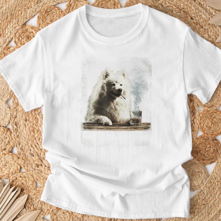 ビンテージ 喫煙 アメリカン エスキモー面白犬 父の日 Tシャツ 高齢者への贈り物