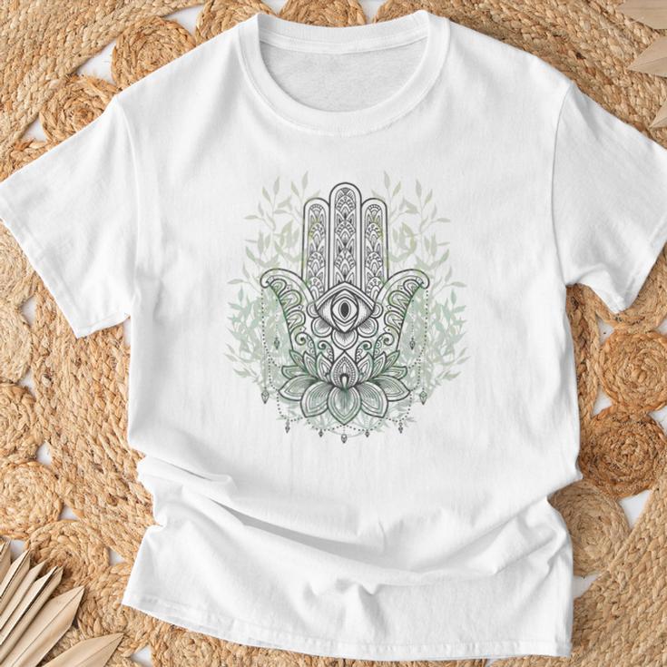 ファティマ・ハムサの手、難解なヨガ瞑想 Tシャツ 高齢者への贈り物