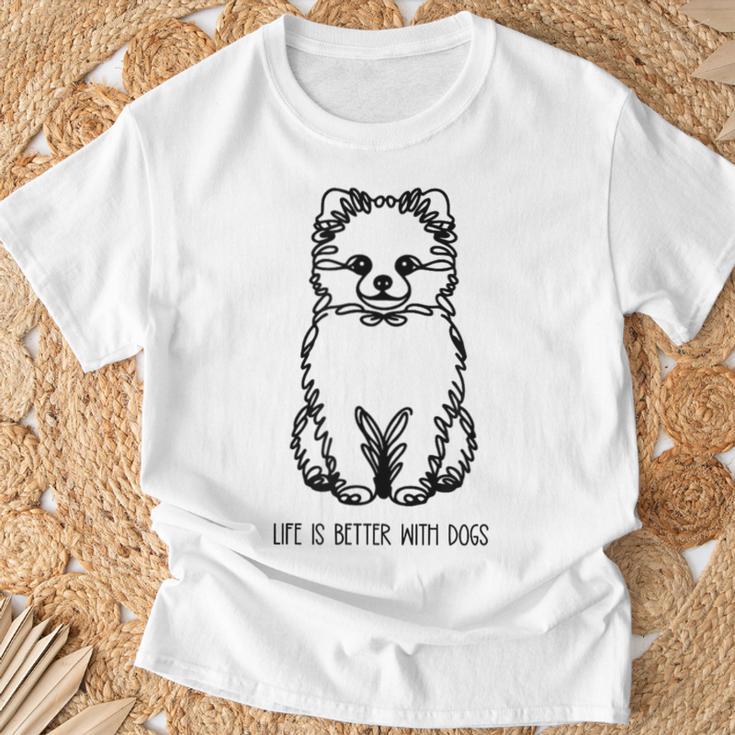 ポメプー シルエット ラインアート 犬がいると人生はもっと楽しい デザイン Tシャツ 高齢者への贈り物