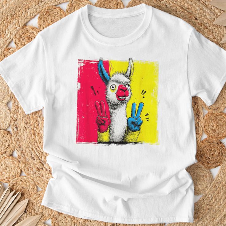 ラマ ダブルピース レトロ ポップ キャラクター グラフィック サイン ジェスチャー Tシャツ 高齢者への贈り物