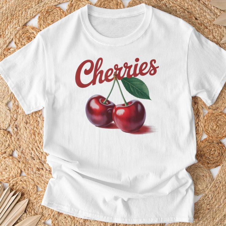 レトロなさくらんぼのイラスト 大胆な赤い果実 ヴィンテージ付き Tシャツ 高齢者への贈り物
